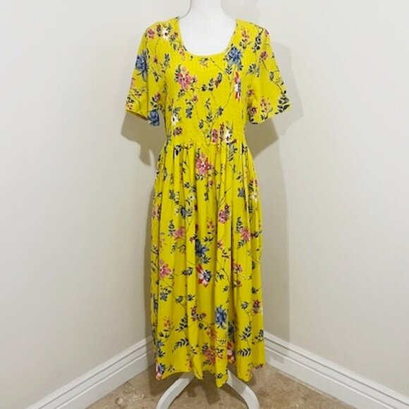 Anthony Richards Yellow Floral Smocked Short Sleeve Midi Dress Size XL - Picture 1 of 4
